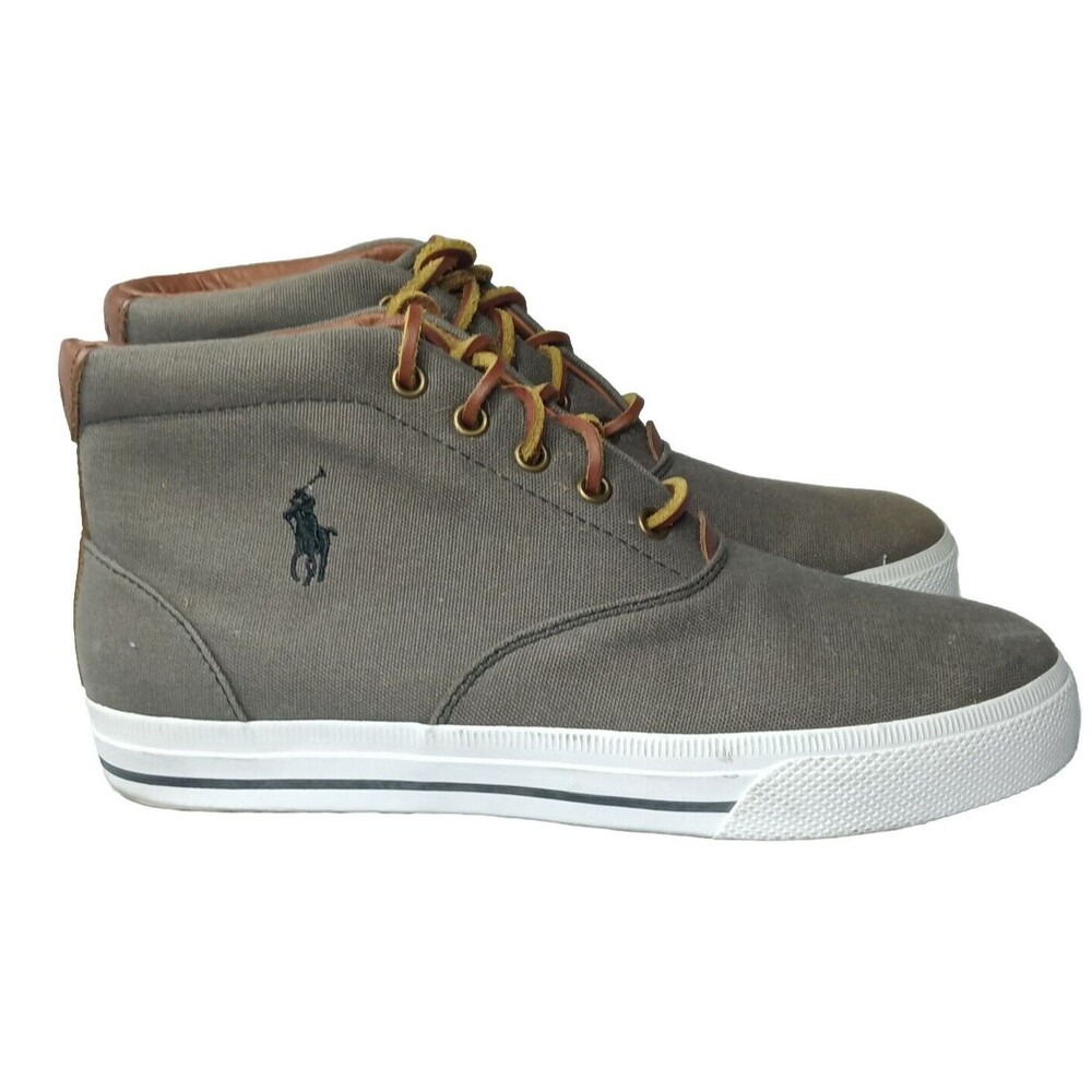 Polo Ralph Lauren ZALE Shoes Men's  Size 8 D Grey Canvas Brown Leather Trim